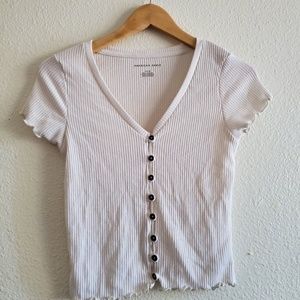 American Eagle Lettuce Hem Cream Crop Button Shirt
